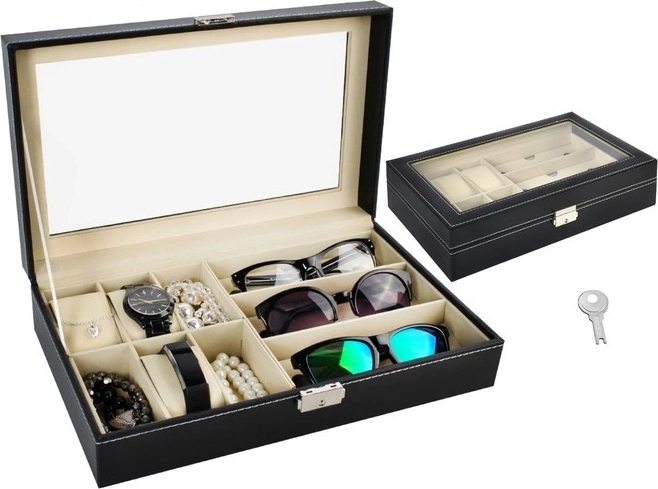 Organiseur noir pour montres et lunettes avec couvercle en verre et serrure