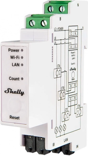 Shelly smart three-phase energy meter 120 A with Wi‑Fi/LAN and Bluetooth for DIN rail