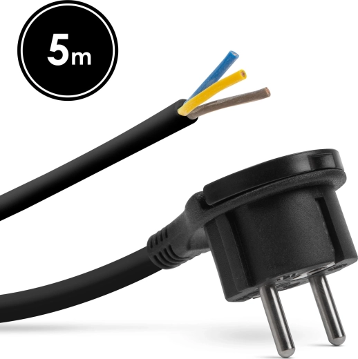 Assembly power cable with grounded plug and pull-out handle, 5 m, black