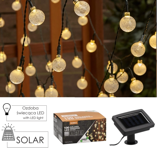 Solar garden light string BUBBLE 100 LED, warm white, 11.9 m