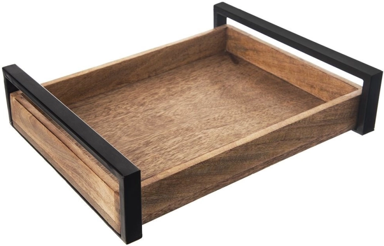 Wooden serving tray made of mango wood with metal handles 35.5 × 27 cm