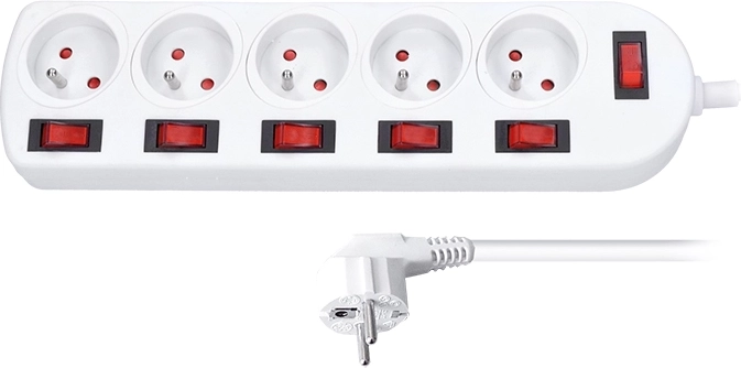 Solight extension cord with switches, 5 sockets, 2 m, white