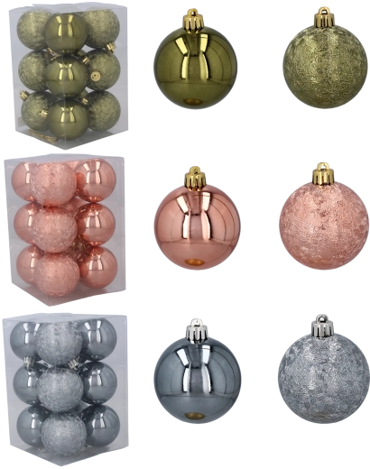 Set aus Kunststoff-Weihnachtskugeln 6 cm – Olivgrün, Kupfer und Graphit, 12 Stk.