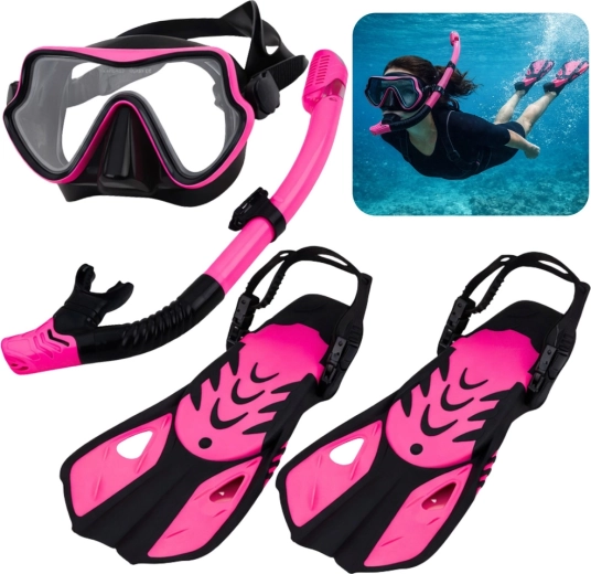 Schnorchelset mit Maske, Schnorchel und Flossen schwarz‑rosa S/M (EU 37–41)