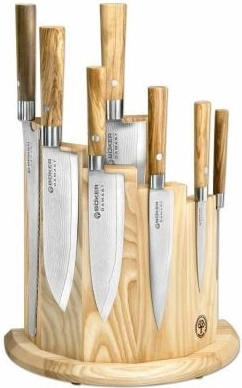 Böker Manufaktur Solingen Damascus kitchen knife set of 7 with olive wood block