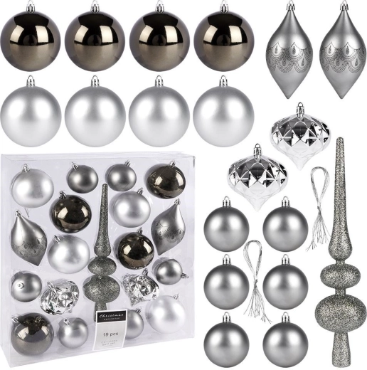 Set van 19 stuks zilverkleurige onbreekbare kerstversieringen