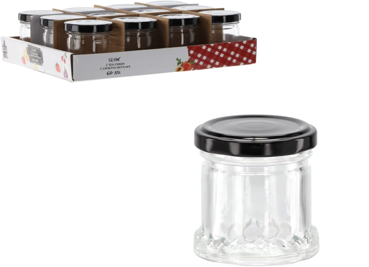 Bocal en verre 60 ml avec relief et couvercle métallique noir