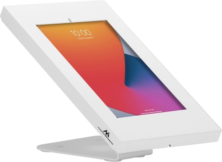 Maclean lockable tablet stand for desk and wall, white