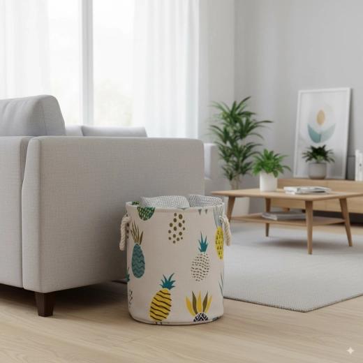 Textile laundry and toy basket with pineapple motif, round 40 × 45 cm