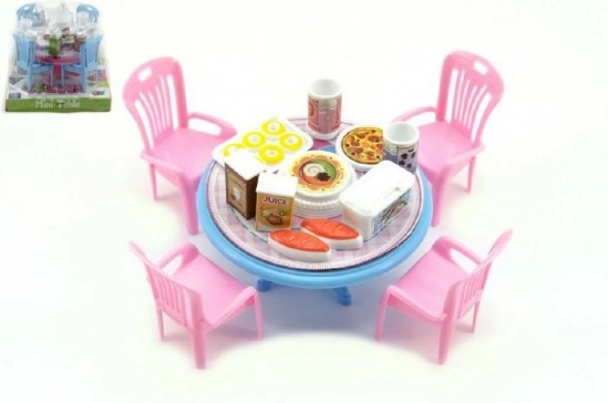 Doll furniture – table and chairs with accessories, plastic, 12 cm