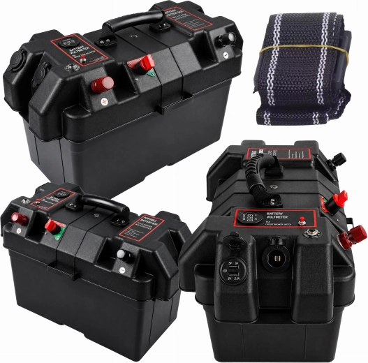 Tragbarer Kasten für 12V-Akku mit Voltmeter und 2× USB