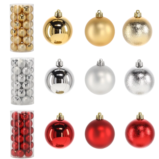 Set van 30 kerstballen 6 cm – rood, goud en zilver, onbreekbare kunststof ballen
