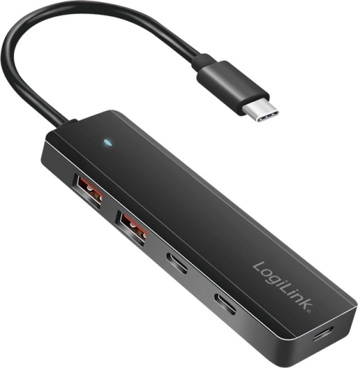 Ultra-thin USB‑C hub with 4 ports (2× USB‑A, 2× USB‑C), black