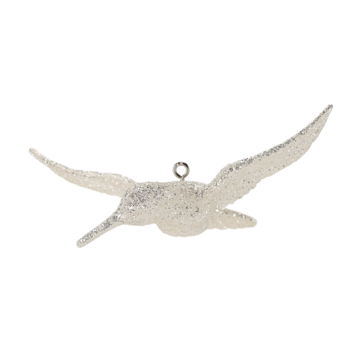 Glasweihnachtsanhänger weißer Kolibri glänzend 8 × 13 cm, Set mit 6 Stück