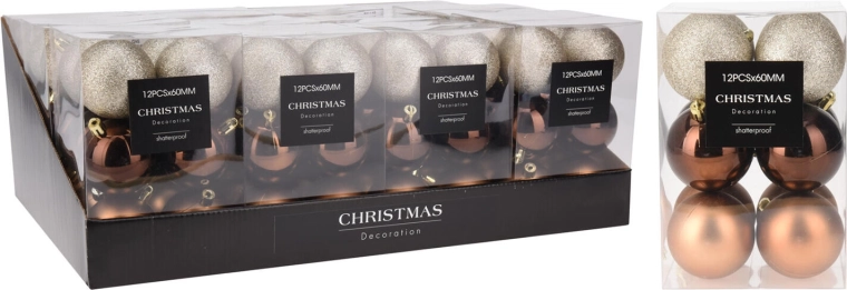 Kerstballen 6 cm bruin-goud, mix 12 stuks