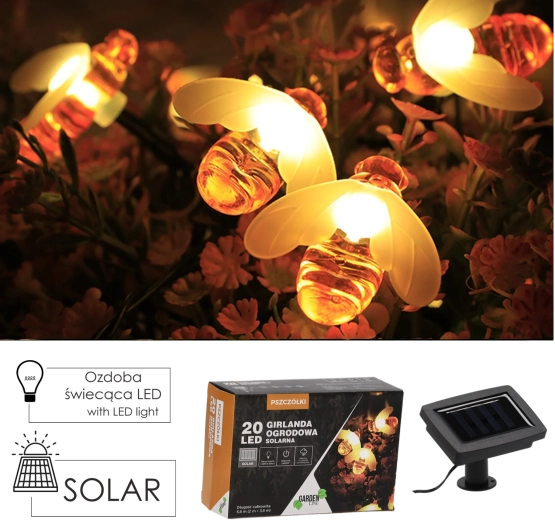Solar garden light garland bees 20 LED warm white, 5.8 m