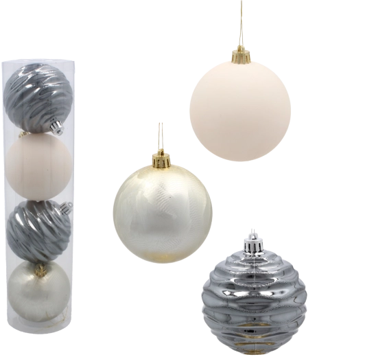 Set de boules de Noël 8 cm – champagne, gris et blanc (plastique, finitions mixtes) 4 pcs