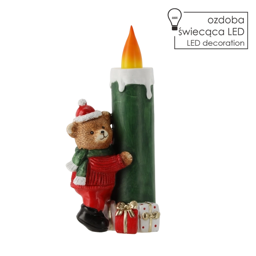 Christmas LED candle decoration with a bear in a hat and scarf