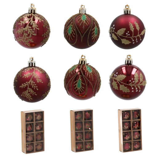 Set burgunderfarbener Weihnachtskugeln 6 cm mit goldenem Blattmuster – 8 Stk.