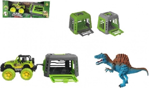 Jeep met aanhanger en dinosaurus