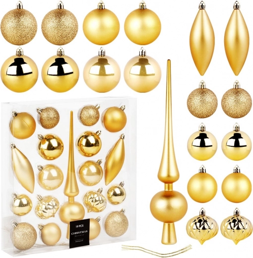 Gouden onbreekbare kerstversiering met piek, 19 stuks