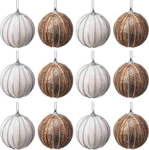 Shatterproof Christmas baubles white and champagne 8 cm, 12 pcs
