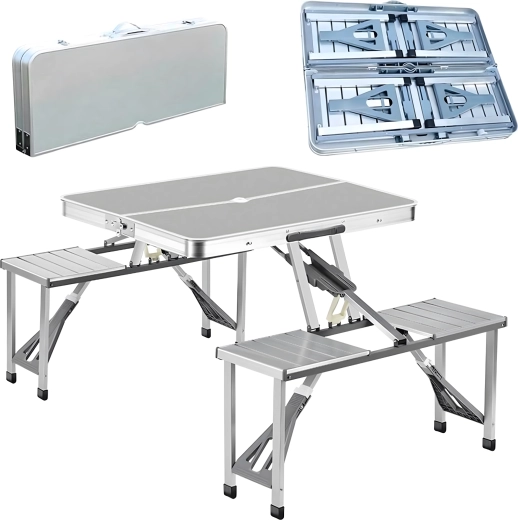 Folding aluminum camping picnic table with seats