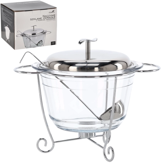 Glas-Wärmeschüssel 3,9 l mit Edelstahldeckel, Ständer und Schöpflöffel