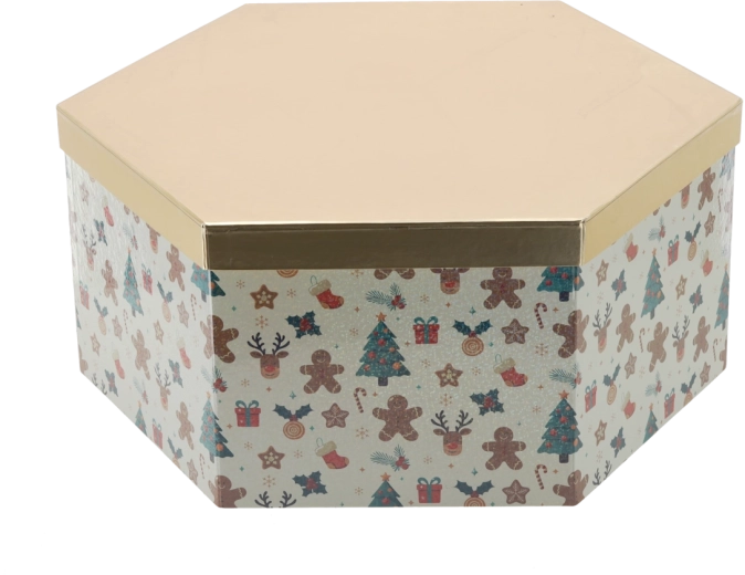 Weihnachts-Geschenkbox Hexagon mit goldenem Deckel 33 × 28,5 × 12 cm - 1 Stück
