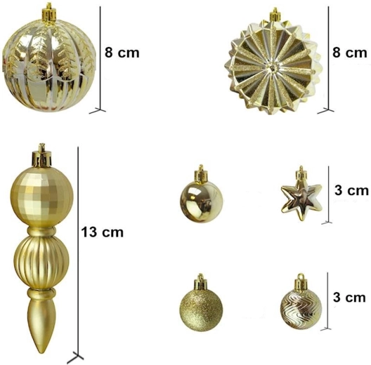 Gold Christmas Tree Ornaments, Set of 52 Pieces