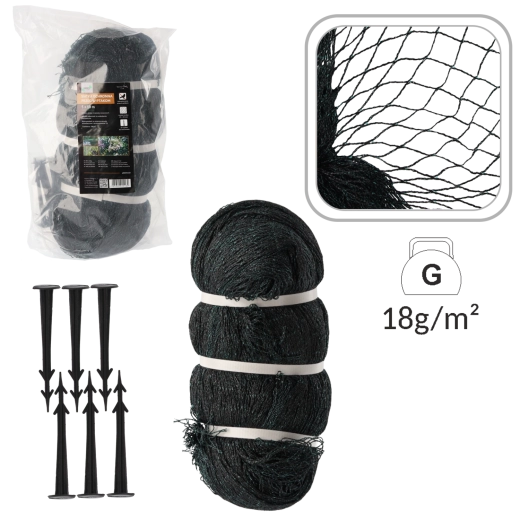 Filet de protection anti-oiseaux 5 × 10 m, 18 g/m² + 10 piquets en plastique