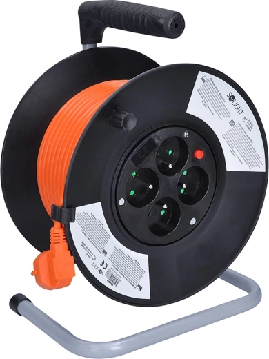 Solight cable reel extension lead with 4 sockets, 25 m, orange cable
