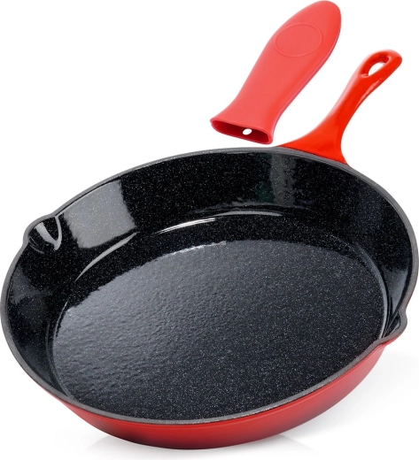 Gusseiserne emaillierte Pfanne mit Silikon-Griffschutz 30 cm