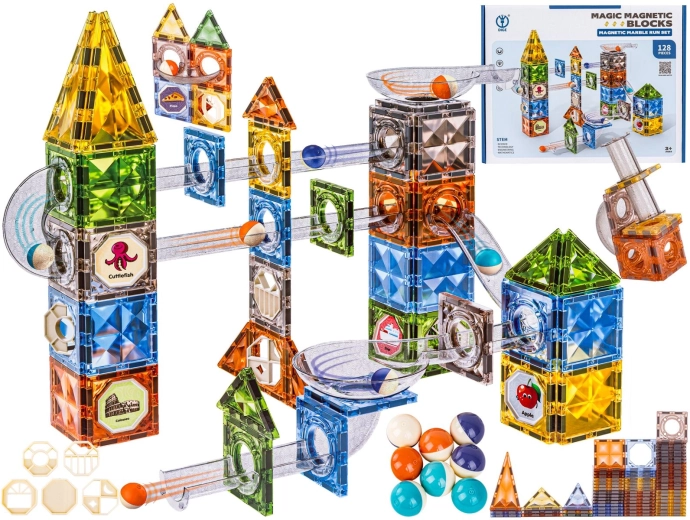 Magnetic building blocks with marble run – 128 pieces