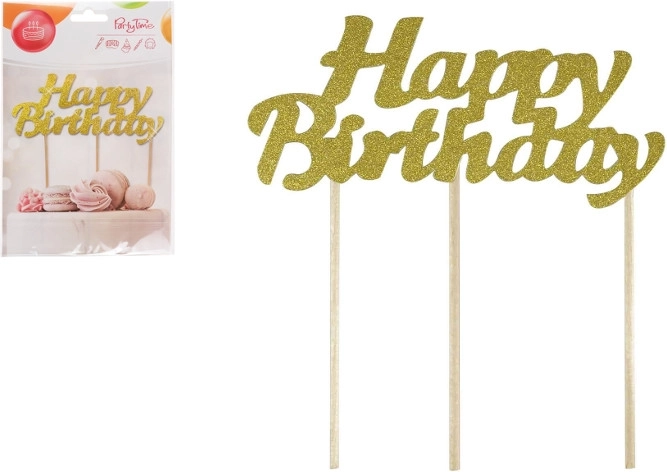 Gold Happy Birthday cake topper with glitter
