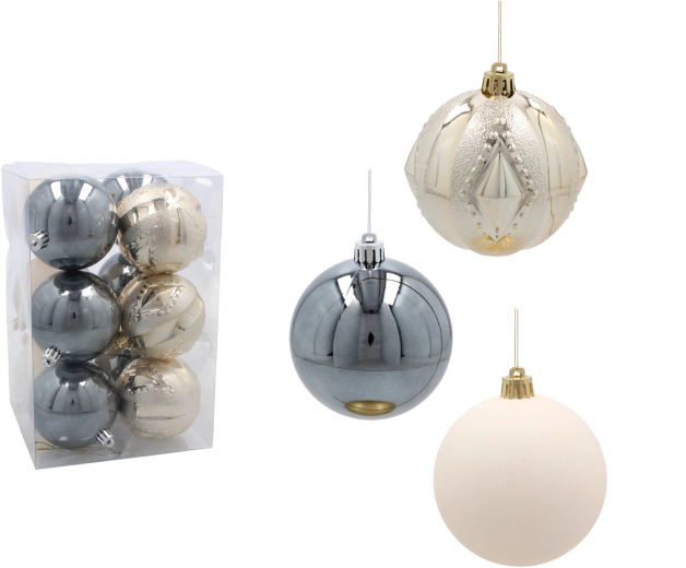 Set glazen kerstballen 8 cm in champagne, grijs en wit