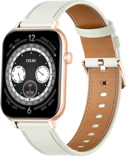 Slimme smartwatch COLMI C28 goud met witte leren band