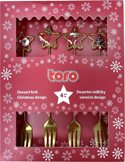 Dessertvorkjes met gouden kerstdesign, set van 4 stuks