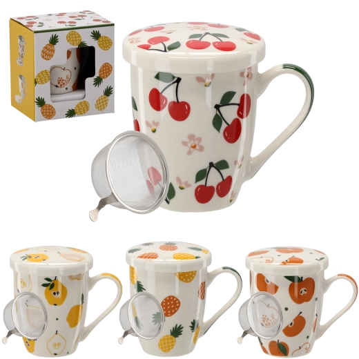 Porcelain mug with lid and strainer 340 ml with fruit motifs