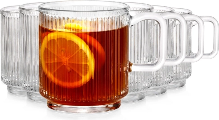 Mokken van glas met oor 350 ml, set van 6 stuks, geribbeld glas Vilde