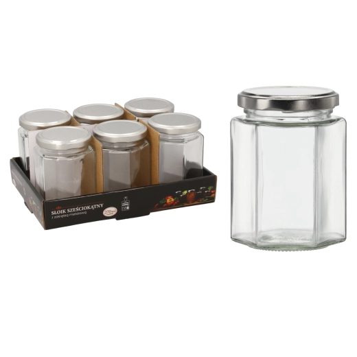 Zeshoekige glazen pot 270 ml met metalen deksel (6 stuks)