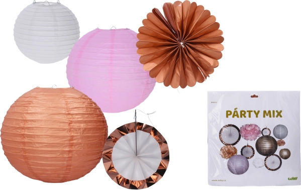 Party mix of paper decorations – lanterns, pom poms and hanging ornaments (set of 12)