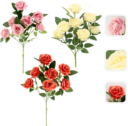 Artificial rose sprig with seven flowers, 8 cm, assorted colors (24 pcs)