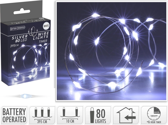 Guirlande lumineuse LED de Noël 3,95 m, 80 LED, blanc froid, à piles avec minuterie - 1 pièce