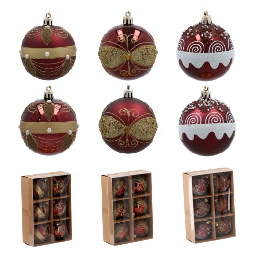 Set Weihnachtskugeln bordeaux 7 cm – 6 Stk., bruchsicher mit Perlen und goldenen Details