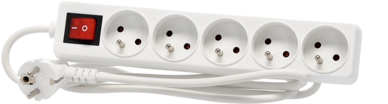 Surge-protected power strip with switch, 5 sockets, 1.5 m, white