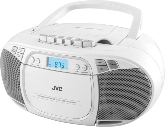 Boombox portable JVC avec CD, cassette, Bluetooth et USB blanc