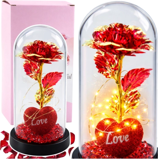 Ewige Kristallrose unter einer Glaskuppel mit LED-Beleuchtung – Rote Rose mit Herz