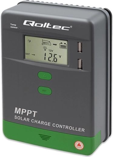 MPPT 10A Solar Charge Controller with LCD, Bluetooth, and Temperature Sensor for 12/24 V, 2× USB, supports GEL and LiFePO4