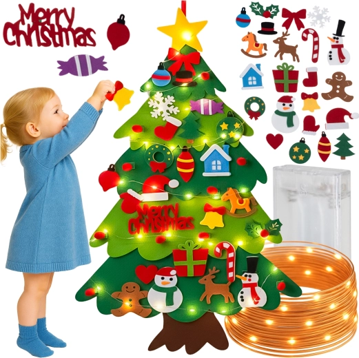 Kruzzel felt Christmas tree with LED lights and hook-and-loop ornaments